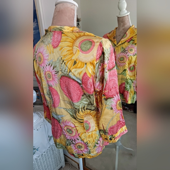 Don Caster~Vintage Yellow Pink & Green Floral Sunflower Silk Button Down Shirt - Picture 2 of 13